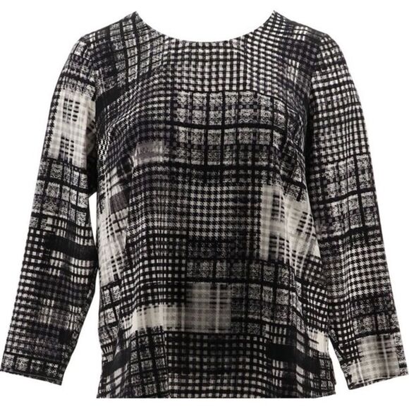 Denim & Co. Patchwork Plaid Stretch Woven Blouse - Picture 3 of 6